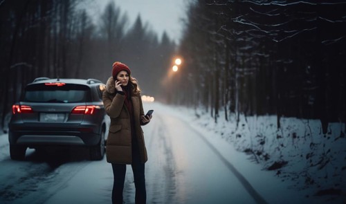 Female driver crashes her car on a slippery winter road in the snow
