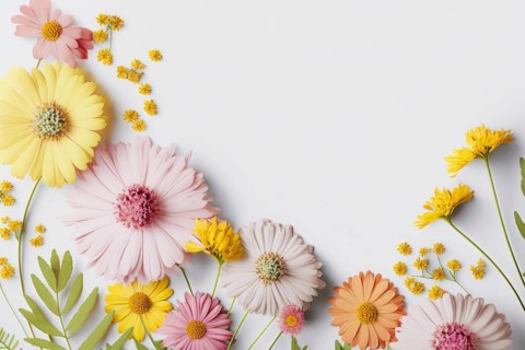 A spring background with pastel-coloured flowers is a natural work of art that shows the beauty and joy of the season. The soft colour palette