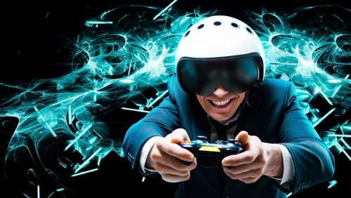 Portrait of a man in a suit and helmet of a pilot with a joystick in his hands. He enthusiastically plays a computer game. Game space. Game concept.