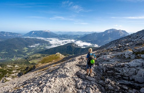 Mountaineer on hiking trail to Watzmann Hocheck summit