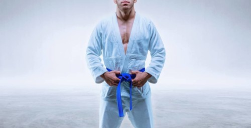 Athlete in a kimono with a blue belt stands on a light background. The concept of karate and judo.