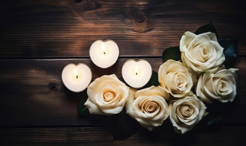 Simple heart-shaped arrangement of white roses and nearby candles AI generated