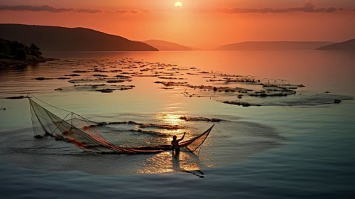 Fishermen entwined in fishing nets at sea with a beautiful sunrise in the backdrop