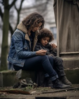Woman with child sitting sadly at gravestone