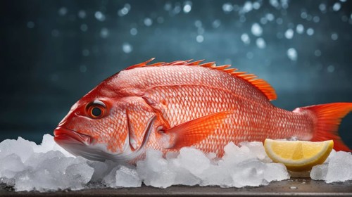 Fresh red sea bass fish with ice and lemon on dark background AI generated