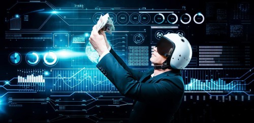 Portrait of a businessman in a suit and aviator helmet. He holds a bundle of hundred-dollar bills in front of him. Business concept.