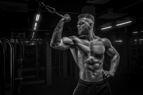 Portrait of an athlete pumping biceps in a crossover. Bodybuilding and fitness concept.
