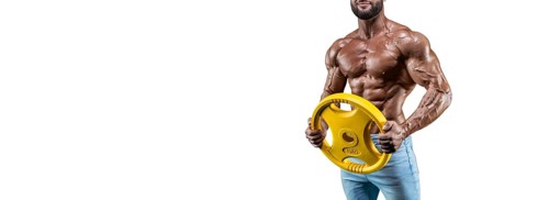 No name sexy muscular man in jeans posing on white background with dumbbell. Bodybuilding and fitness concept.