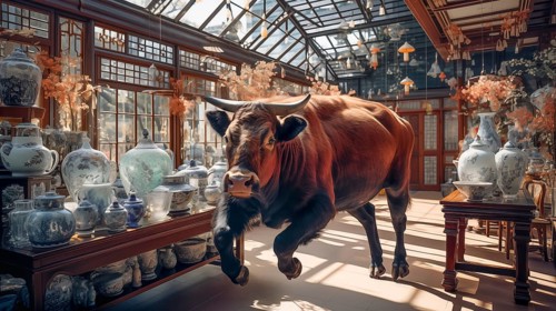Very large bull with horns in a China shop filled with glassware. generative AI