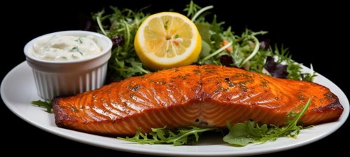 Grilled salmon with arugula salad and tartar sauce on black background AI generated