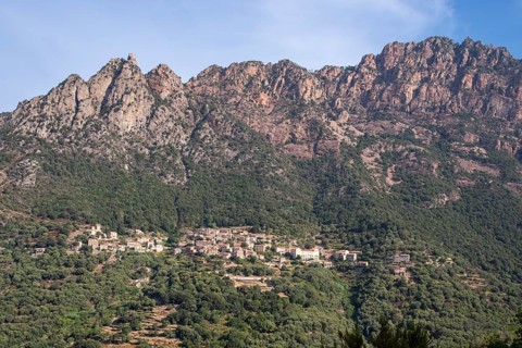 View of the Corsican village of Ota on the Pinzu mountain range