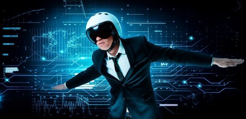 Portrait of a man in a suit and helmet. He shows that he is flying against the background of a futuristic hologram. Business concept. Internet technologies.