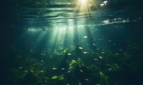 Underwater view of coral reef with fish and rays of sunlight AI generated