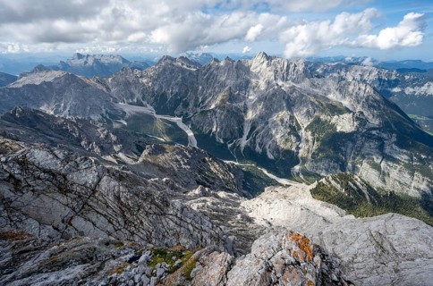 View of Wimbachgries valley and mountain panorama with rocky mountain peak of Hochkalter