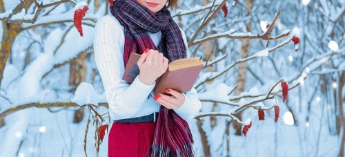No name oil portrait of a charming girl reading a book in a winter forest. Concept of Christmas