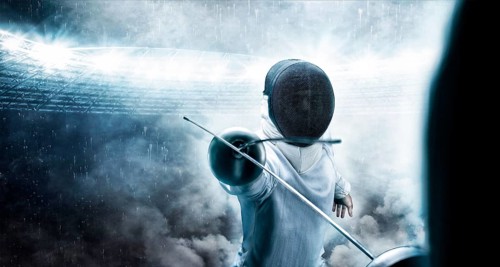 Portrait of two fencers against the backdrop of a sports arena. The concept of fencing. Duel.