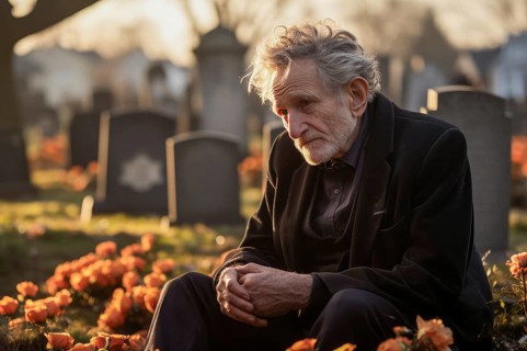 Man sitting sadly at gravestone