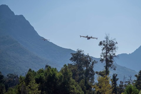 Two fire-fighting aeroplanes flying in formation over a forest near the mountains