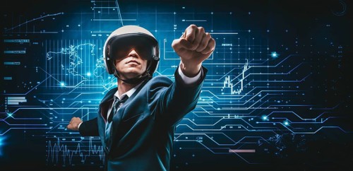 Portrait of a man in a suit and helmet. He shows that he is flying against the background of a futuristic hologram. Business concept. Internet technologies.