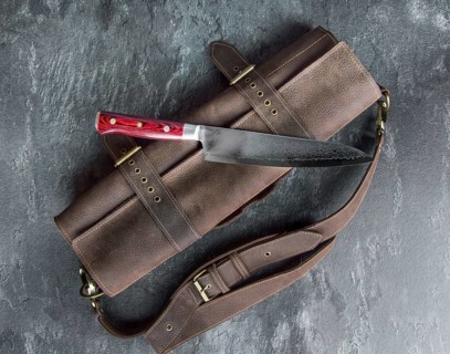 Excellent Japanese chef's knife from Damascus steel. View from above