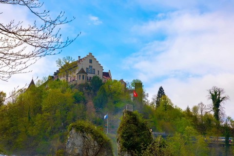 Swiss Flag with the Castle Laufen at Neuhausen in Schaffhausen