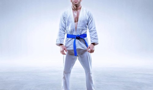 Athlete in a kimono with a blue belt stands on a light background. The concept of karate and judo.
