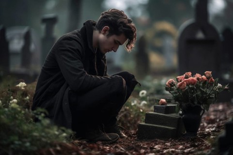 Man sitting sadly at gravestone
