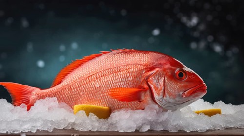 Fresh red sea bass fish with ice and lemon on dark background AI generated