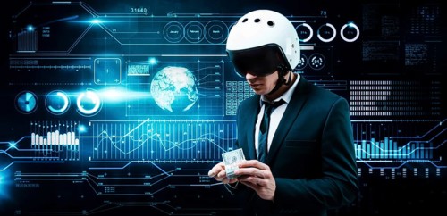 Portrait of a businessman in a suit and aviator helmet. He holds a bundle of hundred-dollar bills in front of him. Business concept.