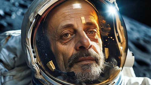 An elderly astronaut looks at the surroundings on the moon