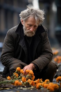 Man sitting sadly at gravestone