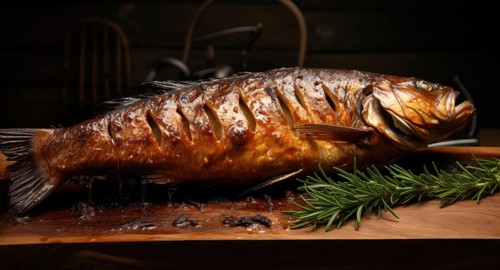Smoked carp with rosemary on a wooden board on a dark background AI generated