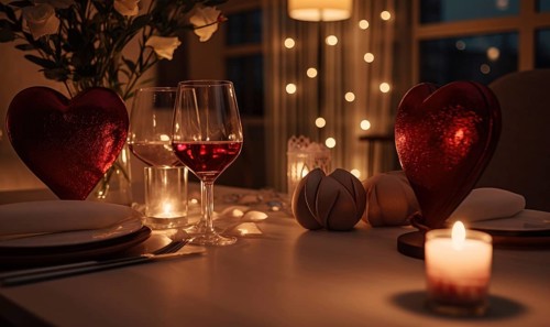Evening dinner setting with wine and romantic heart-shaped decorations illuminated by candles AI generated