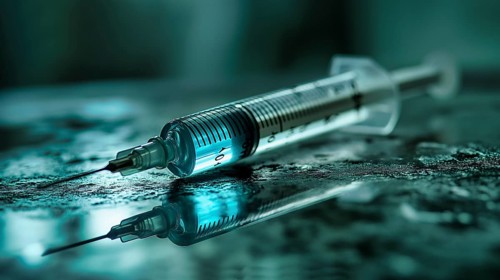 Disposable medical plastic syringe with protective cap removed and filled with a serum