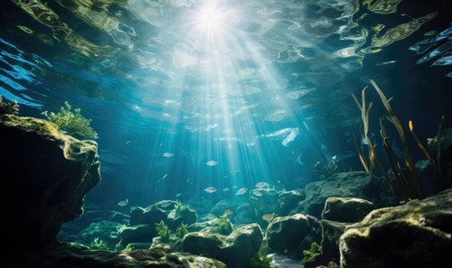 Underwater view of coral reef with fish and rays of sunlight AI generated