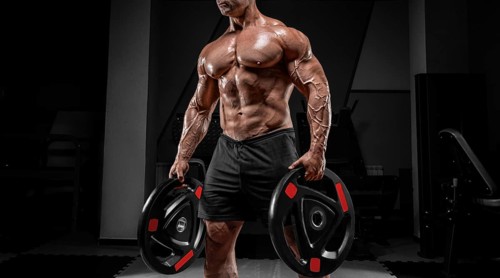 Muscular man stands in a gym with barbell discs. Bodybuilding and powerlifting concept.