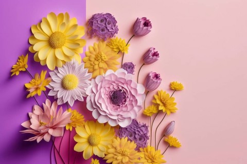 A spring background with pastel-coloured flowers is a natural work of art that shows the beauty and joy of the season. The soft colour palette