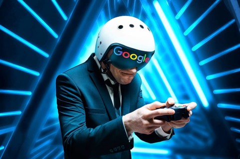 Portrait of a man in a suit and helmet of a pilot with a joystick in his hands. Game concept.