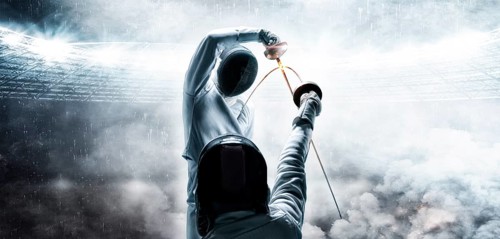 Portrait of two fencers against the backdrop of a sports arena. The concept of fencing. Duel.
