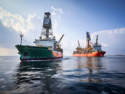 Offshore drilling ship on a calm sea with a clear blue sky overhead