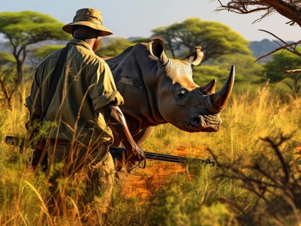 A ranger with rifle tracking a rhinoceros through a sunny savannah with scattered trees