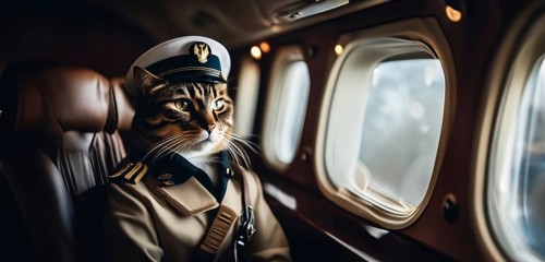 Cat pilot in an airplane pilot uniform on an airplane