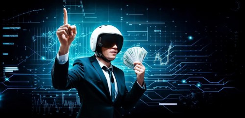 Portrait of a businessman in a suit and aviator helmet. He made a fan of a pack of hundred-dollar bills. Business concept.