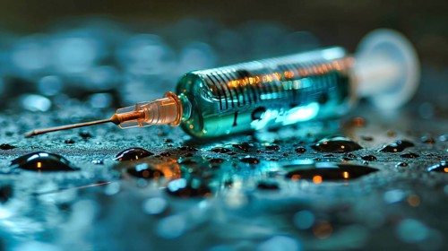 Disposable medical plastic syringe with protective cap removed and filled with a serum
