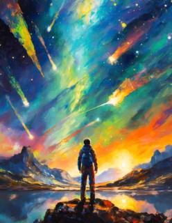 Human silhouette on another planet in space looking up to the aurora and falling comets on the night sky. AI generated art