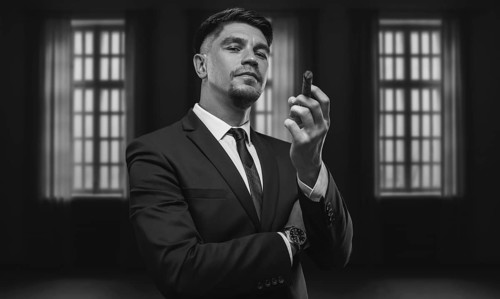 Portrait of a stylish man in a suit with a cigar. Business concept.