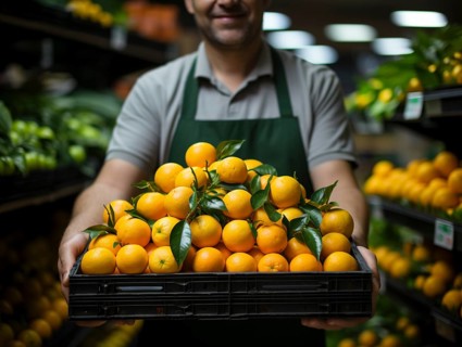 Shopkeeper smiling as he displays a crate of oranges and leaves