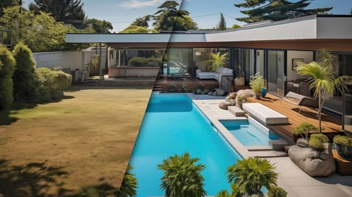 Before and after of an unattended mediocre back yard to A beautiful yard with a swimming pool. generative AI