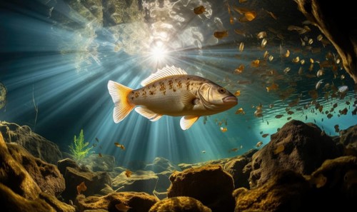Rainbow trout swimming underwater in the ocean with rays of light AI generated