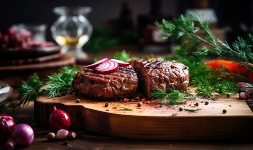Grilled beefsteak with onion rings and rosemary on wooden board AI generated